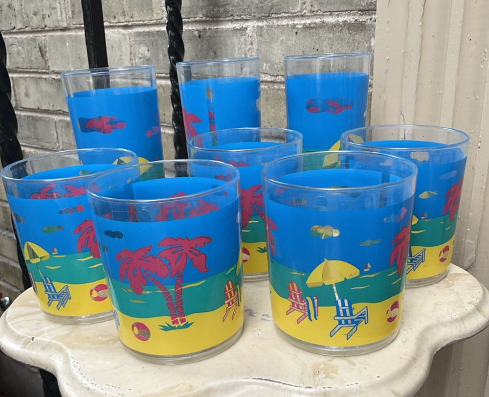 Lot Of 8 Vintage Tropical Beach Scene Acrylic Cups Tumblers Retro Tiki Bar Pool
